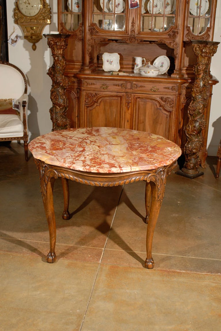 French 19th Century Carved Walnut Center Table with Original Variegated Marble In Good Condition For Sale In Atlanta, GA