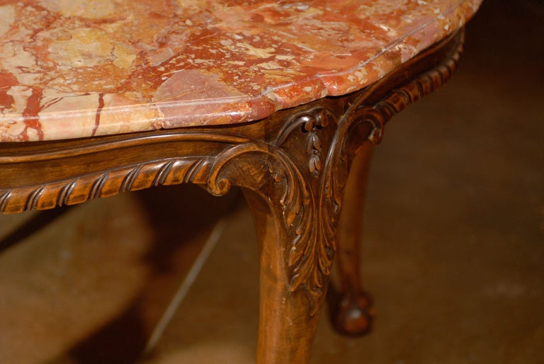 French 19th Century Carved Walnut Center Table with Original Variegated Marble For Sale 1