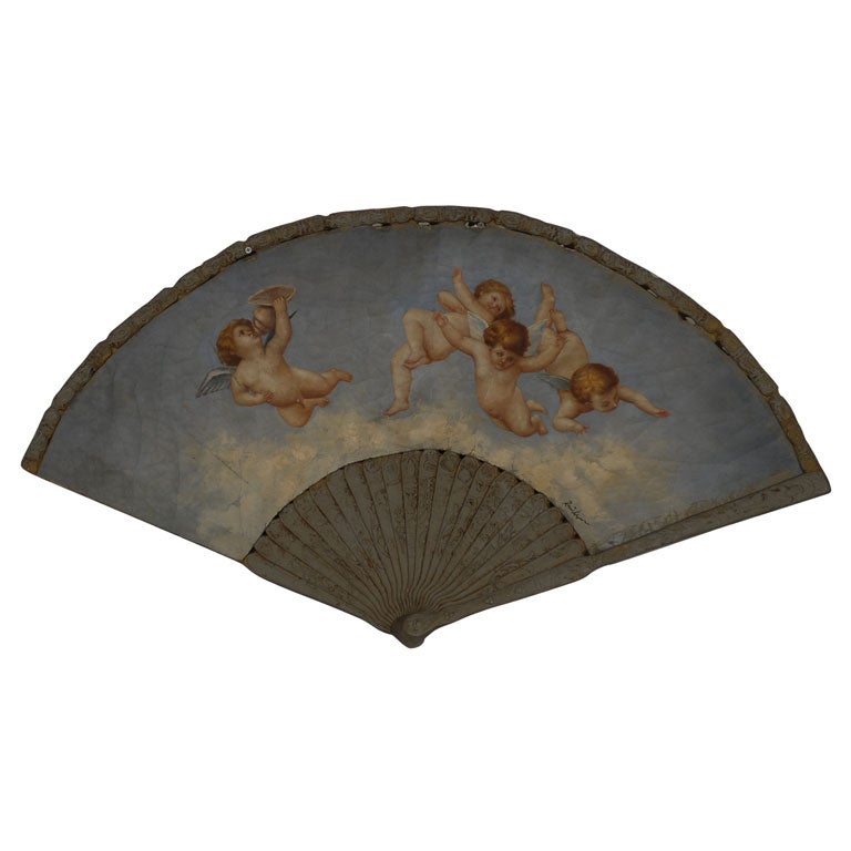 Large 19th Century French Decorative Fan with Chubby Angels on Blue Sky