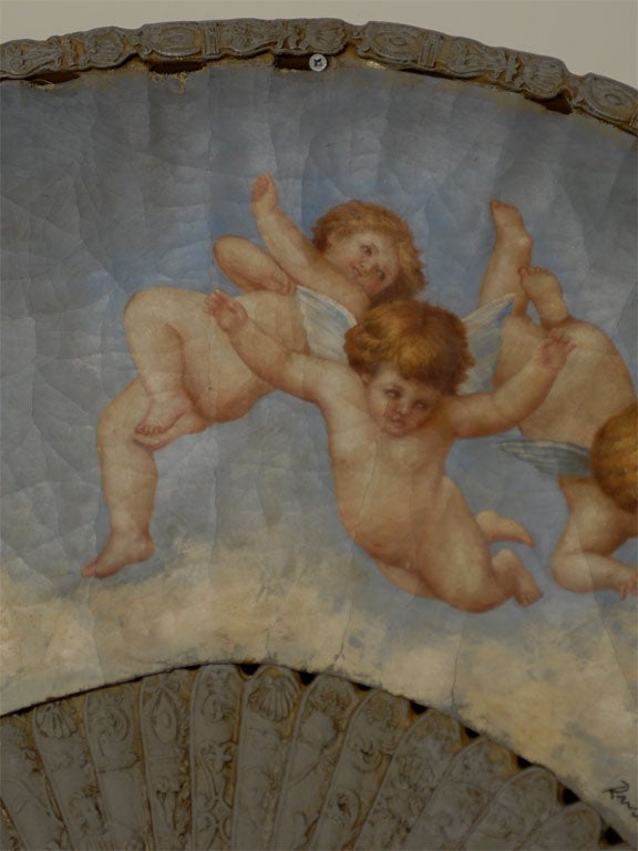 Large 19th Century French Decorative Fan with Chubby Angels on Blue Sky For Sale 3