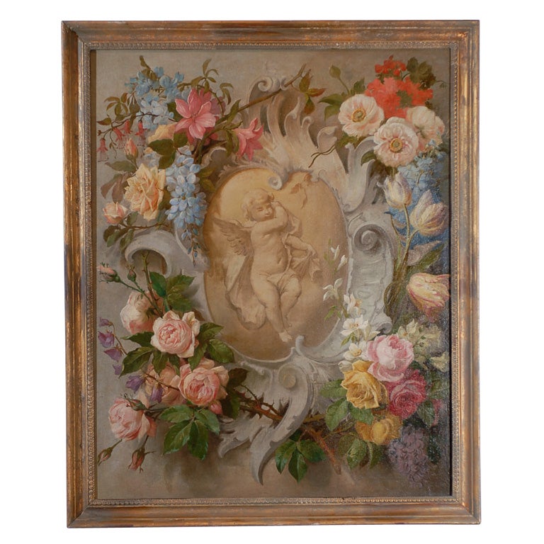 Floral Aubusson Painting with Cherub