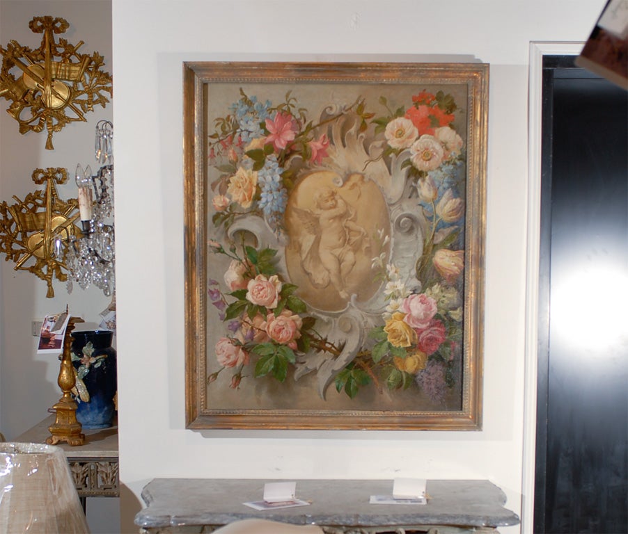 Floral Aubusson painting with Cherub, one of a kind.