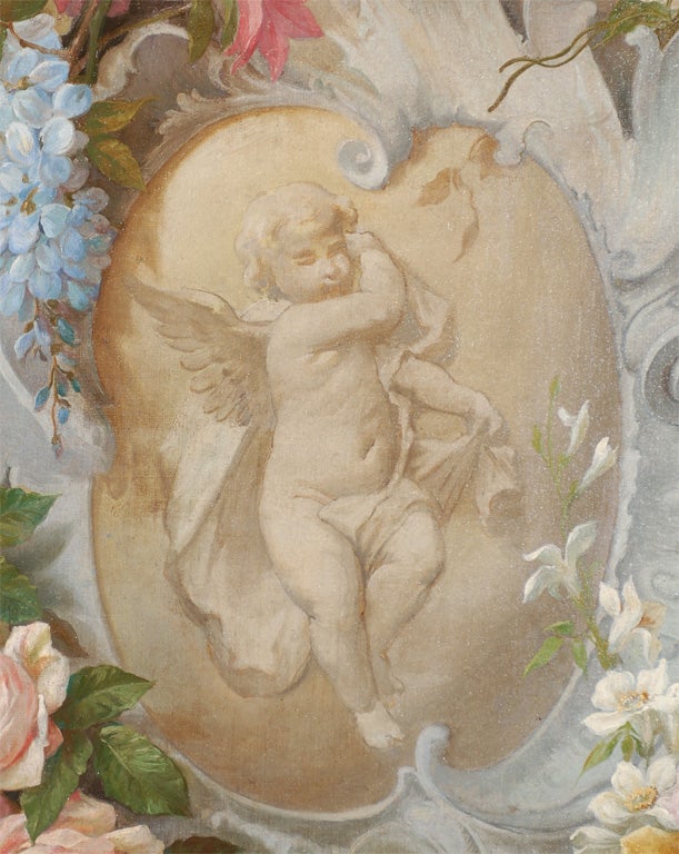 19th Century Floral Aubusson Painting with Cherub