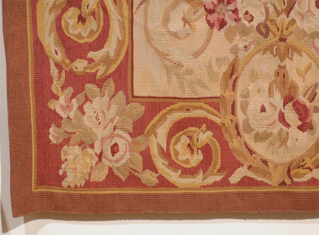 Woven Pair of French 1850s Aubusson Floral Tapestries with Rinceaux Arabesques