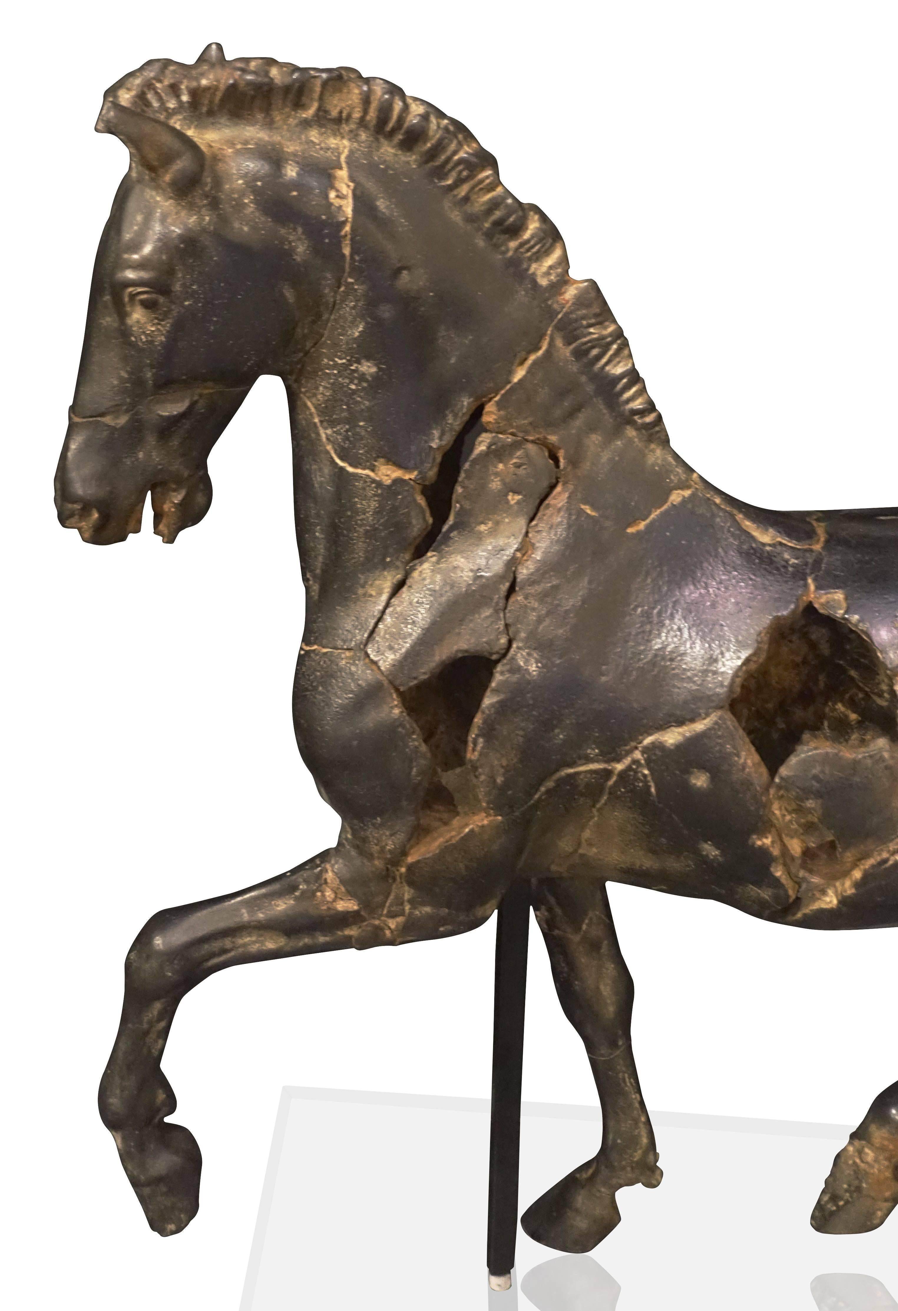 Sculptured in alabaster of Classic Greek horse.
Realistic detailing and aged patina.
Lucite base is 16