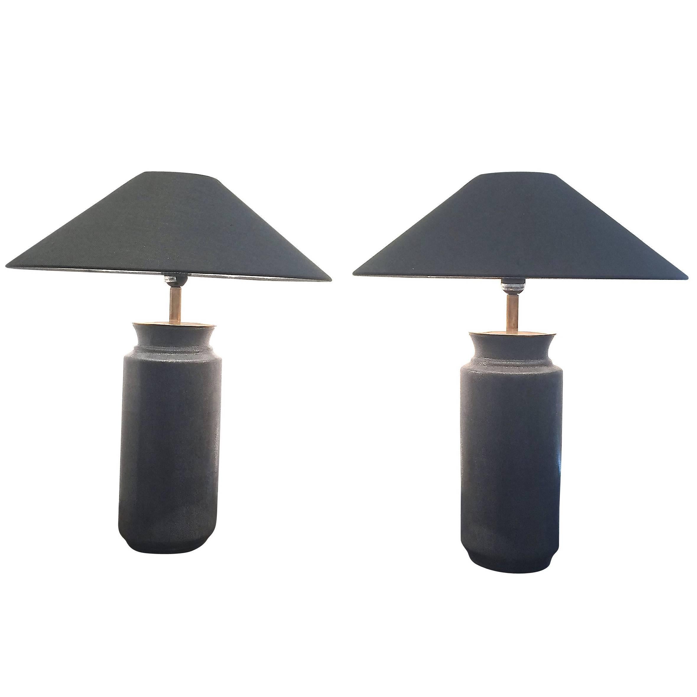 Faux Shagreen Porcelain Pair of Grey Table Lamps, China, Contemporary