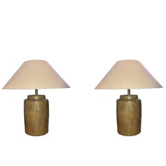 Contemporary Pair of Porcelain Lamps, Gold Basket Weave Design, China
