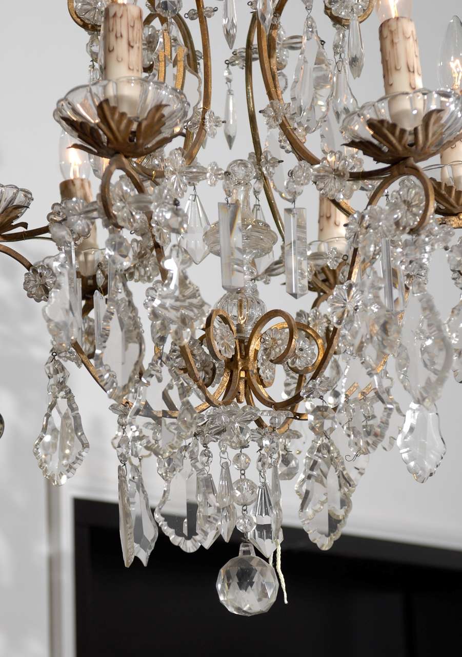 Italian Rococo Style 1890s Six-Light Crystal Chandelier with Gilt Metal Armature In Good Condition For Sale In Atlanta, GA
