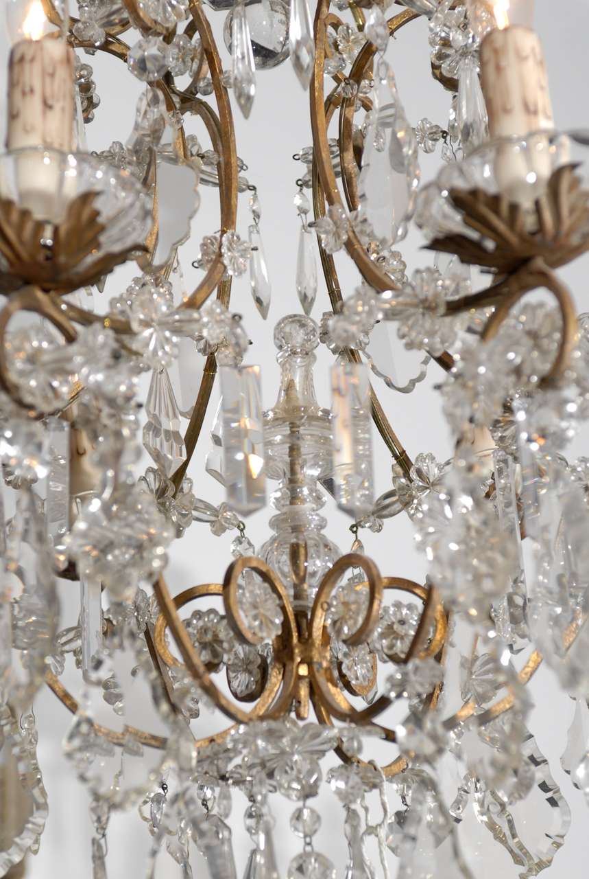 19th Century Italian Rococo Style 1890s Six-Light Crystal Chandelier with Gilt Metal Armature For Sale