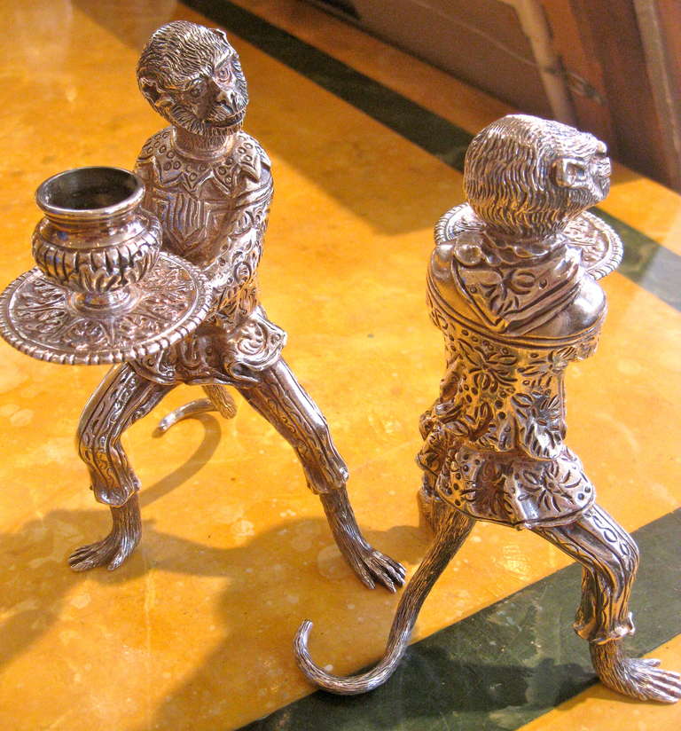 Pair of American Tiffany Sterling Silver Monkey Candlesticks In Excellent Condition For Sale In Southampton, NY