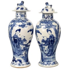 Chinese Pair of Blue and White Baluster Lidded Vases