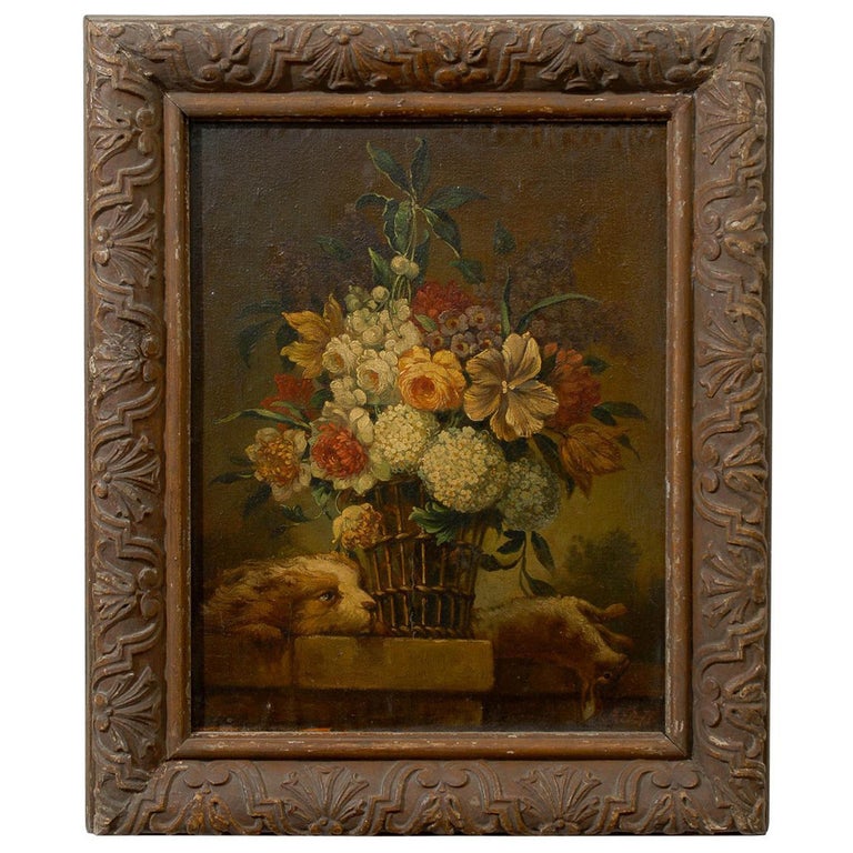 French 19th Century Framed Still-life Floral Painting with Dog and Rabbit Motifs For Sale