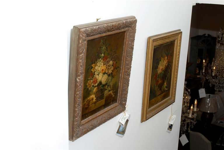 Louis XV French 19th Century Framed Still-life Floral Painting with Dog and Rabbit Motifs