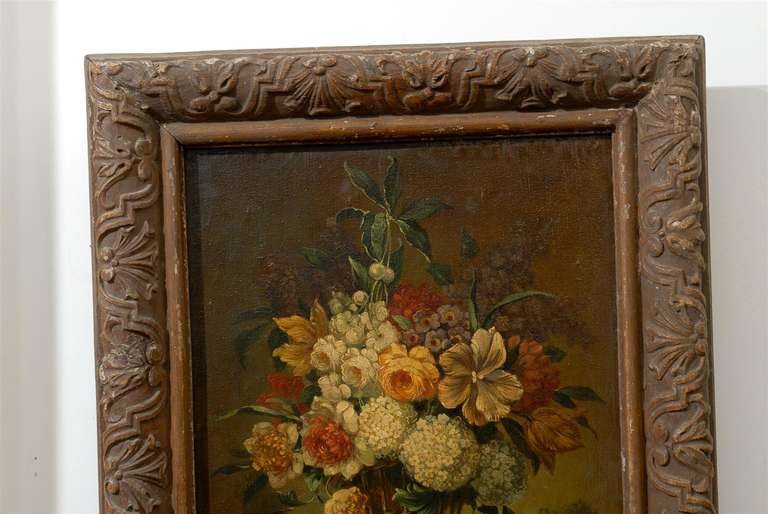 French 19th Century Framed Still-life Floral Painting with Dog and Rabbit Motifs In Good Condition In Atlanta, GA