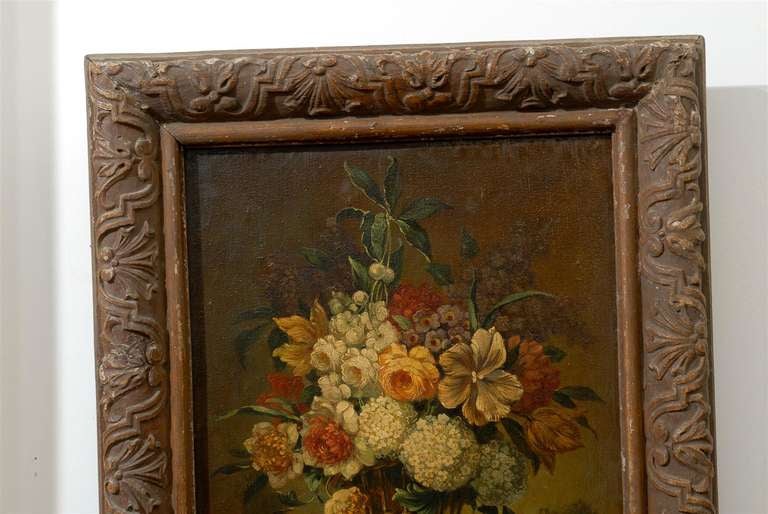 French 19th Century Framed Still-life Floral Painting with Dog and Rabbit Motifs In Good Condition For Sale In Atlanta, GA