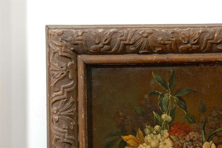 Wood French 19th Century Framed Still-life Floral Painting with Dog and Rabbit Motifs