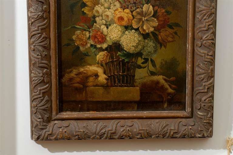 French 19th Century Framed Still-life Floral Painting with Dog and Rabbit Motifs For Sale 1