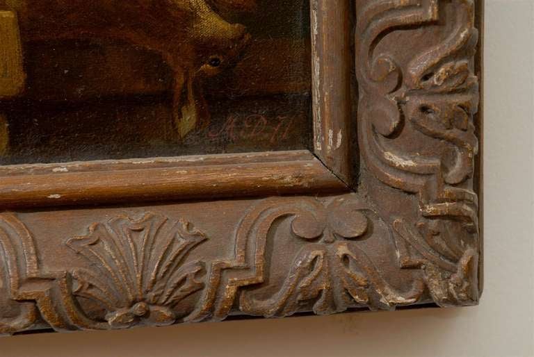 French 19th Century Framed Still-life Floral Painting with Dog and Rabbit Motifs For Sale 2