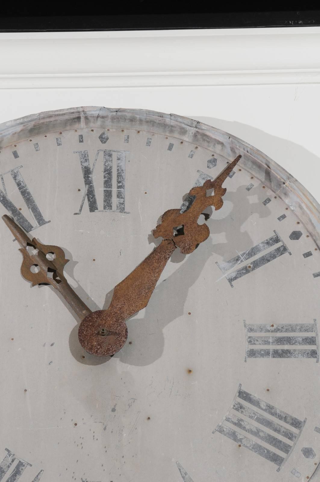 Large French 1880s Zinc Decorative Clock Face with Roman Numerals and Iron Hands 2