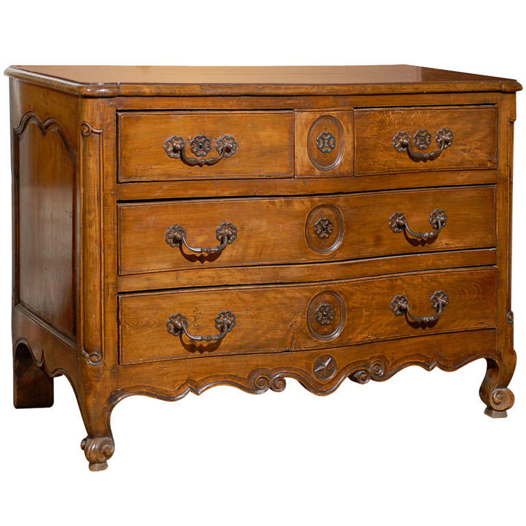 French Louis XV Period 18th Century Walnut Four-Drawer Commode with Star Motif