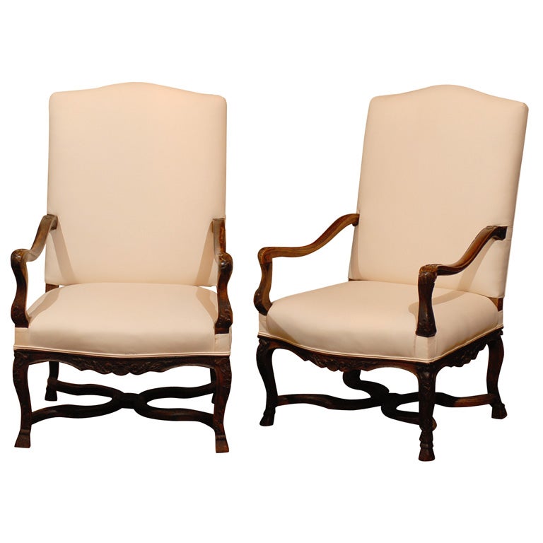 Pair of French 1850s Upholstered Régence Style Armchairs with Cross Stretcher