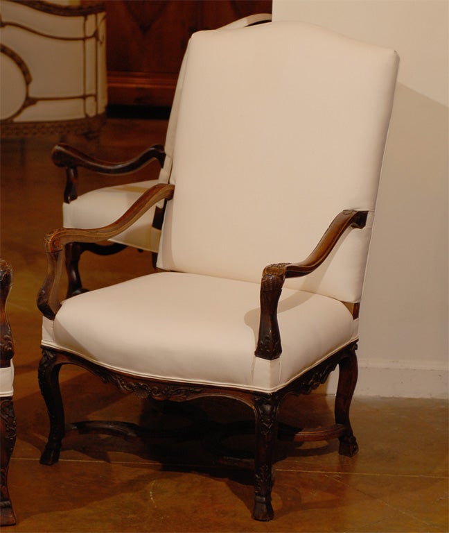 Pair of French 1850s Upholstered Régence Style Armchairs with Cross Stretcher In Good Condition In Atlanta, GA