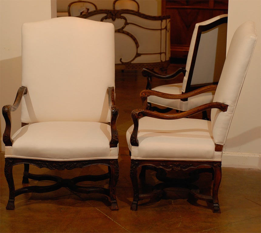 Upholstery Pair of French 1850s Upholstered Régence Style Armchairs with Cross Stretcher