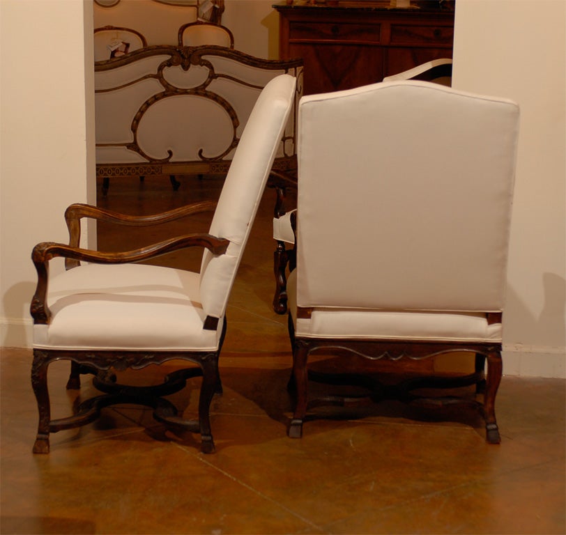 Pair of French 1850s Upholstered Régence Style Armchairs with Cross Stretcher 1