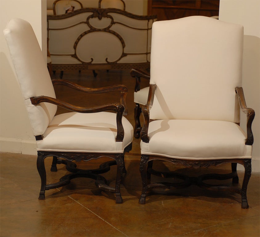 Pair of French 1850s Upholstered Régence Style Armchairs with Cross Stretcher 2