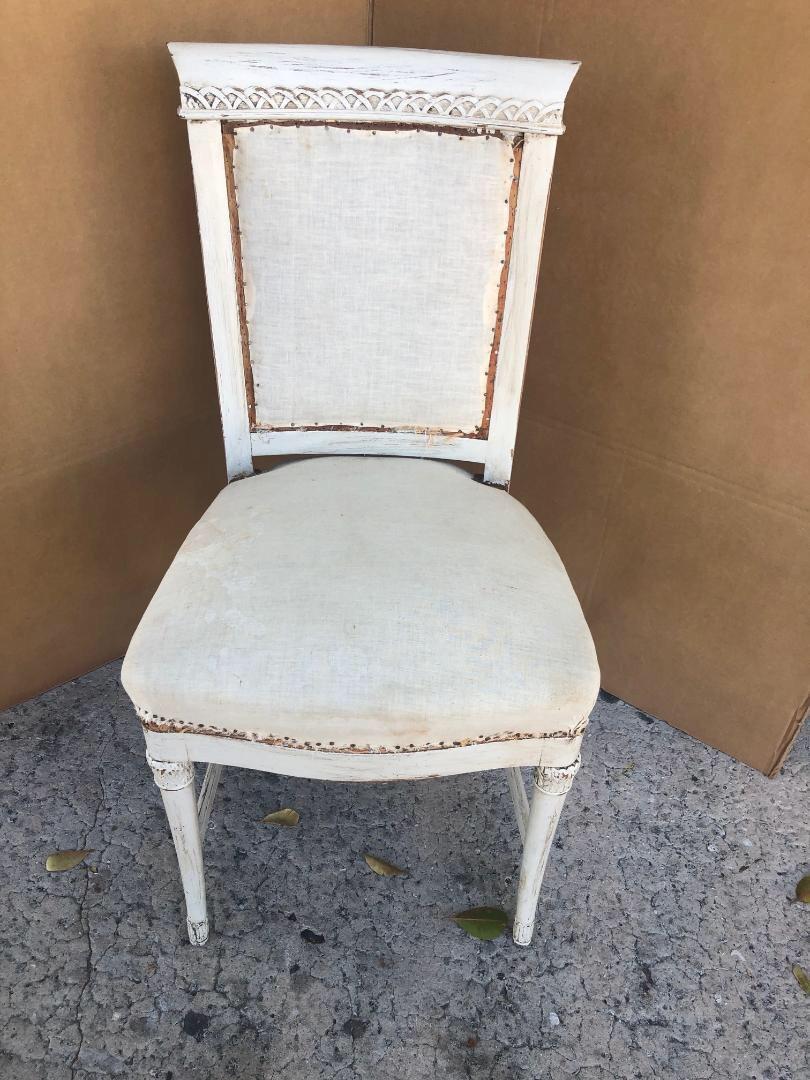 These are a very nice set of 4 French dining chairs hand painted, circa 1900.
They are all very solid with undercarriage to the base.
To the top there are small carvings also to the top and bottom of the legs.
They all need recovering and would