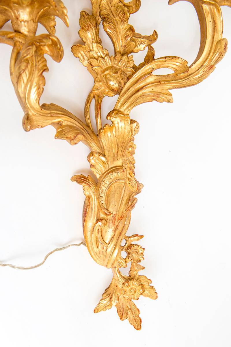 Wood Pair of Louis XV Style Gilt, Two-Light Sconces For Sale