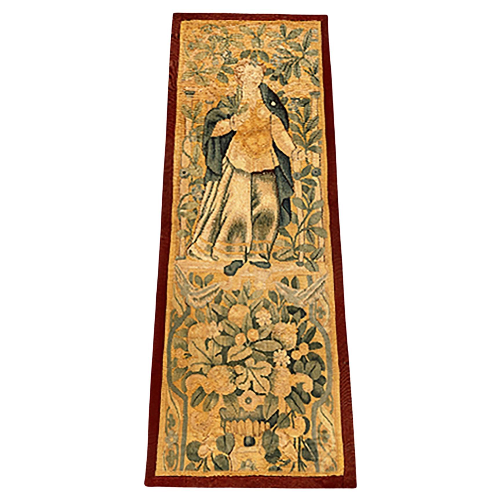 17th Century Flemish Historical Tapestry, Vertically Oriented with Female Figure For Sale