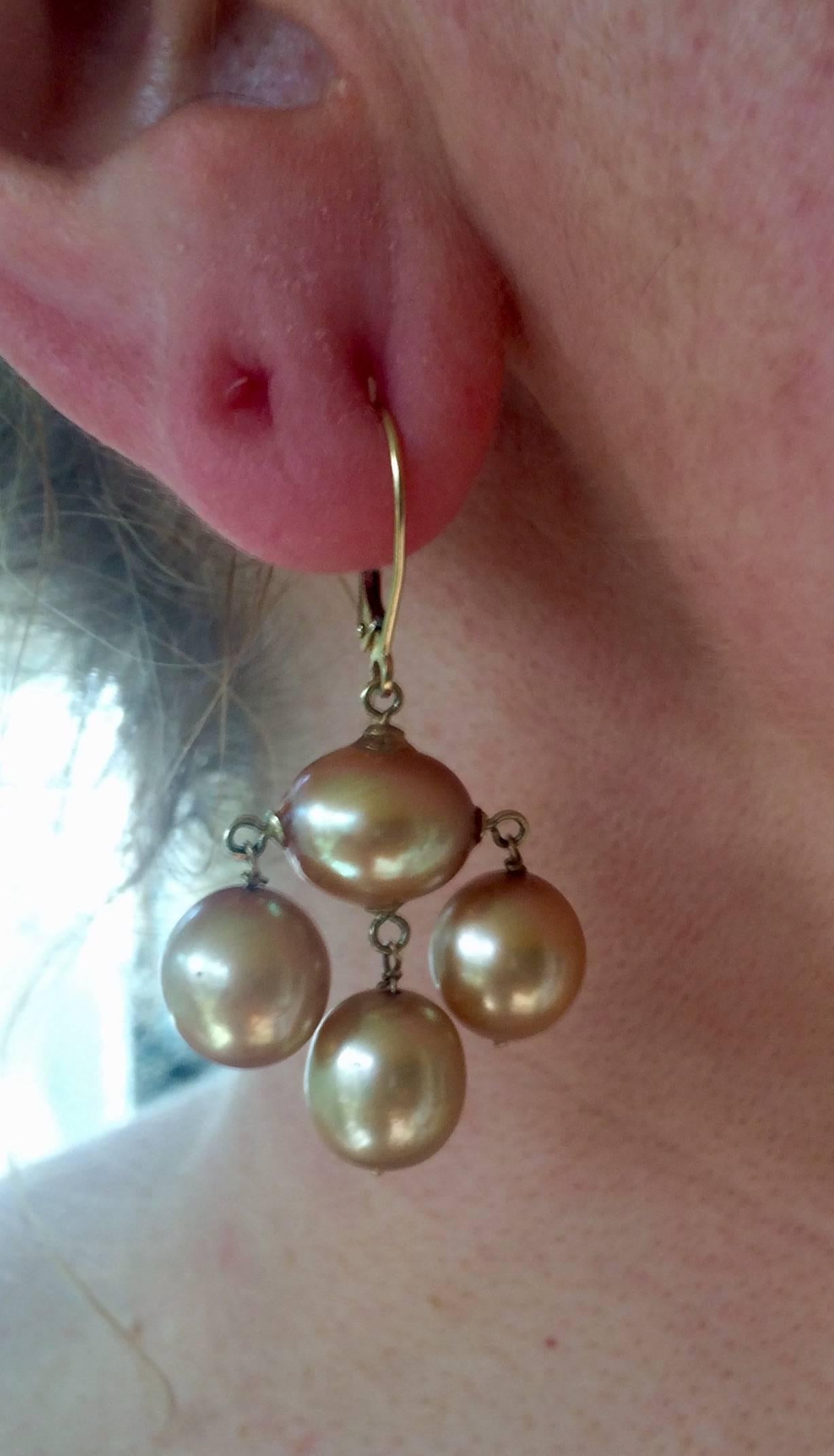 Art Deco Marina J. Baroque golden color Dangle Pearl Earrings with 14 k gold hook For Sale
