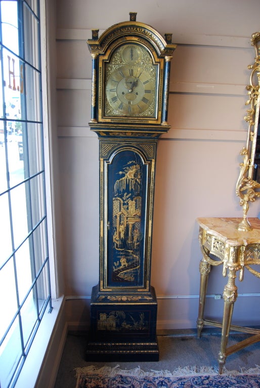 George III blue lacquer longcase clock.  Strike silent movement.  Date and seconds indicator.  8 day train.   Peter Willington Barnwell.  Late 18th century.