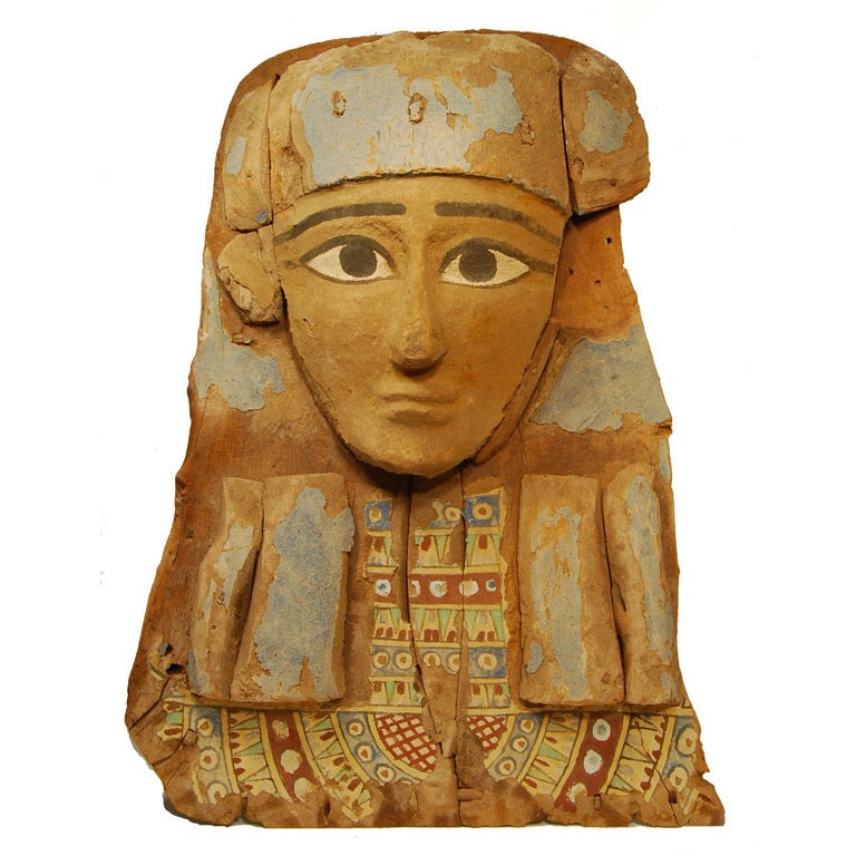Ancient Egyptian Wood Polychrome Painted Sarcophagus Mask For Sale