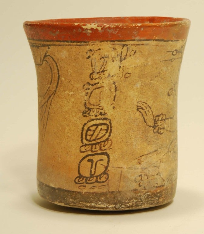 Painted Pre Columbian Mayan Pottery Codex Style Cylinder Vase For Sale