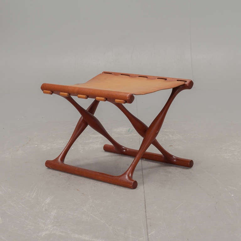 Poul Hundevad stool in teak and natural leather, Denmark.
