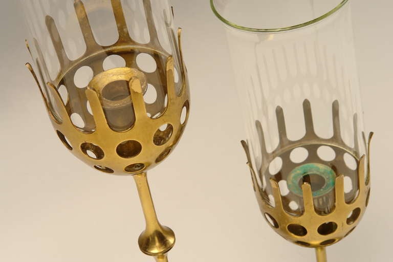 6 solid brass hurricane candlesticks , Bjorn Wiinblad Studio.  Winblad. In Good Condition In Sittard, NL