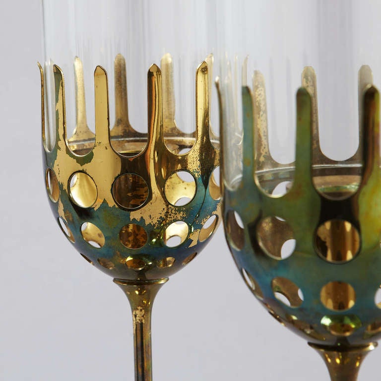 Danish 6 solid brass hurricane candlesticks , Bjorn Wiinblad Studio.  Winblad.