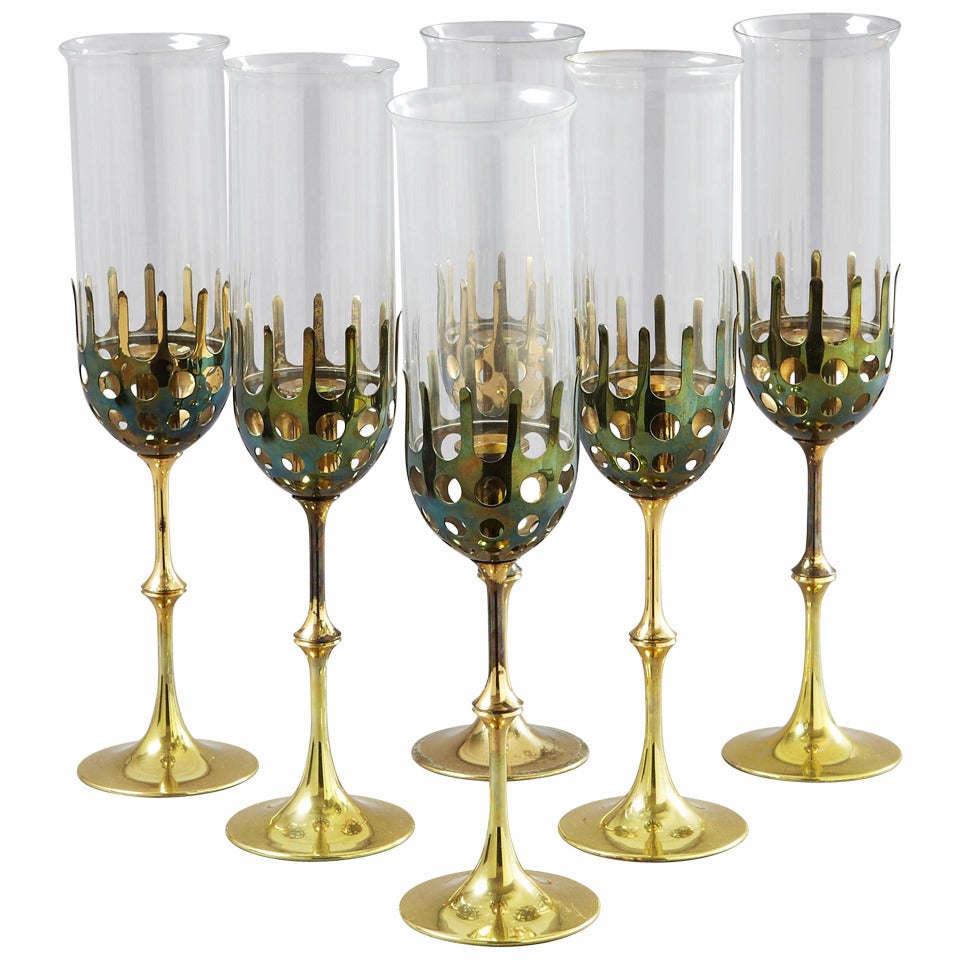 6 solid brass hurricane candlesticks , Bjorn Wiinblad Studio.  Winblad.