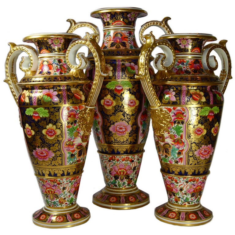 Set of Three Bloor Derby 'Japan' Pattern Vases For Sale