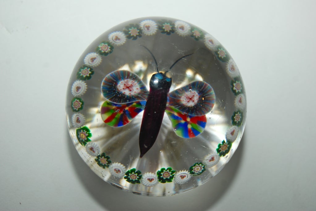 Baccarat blown glass paperweight, with concentric millefiori canes, circling a colourful butterfly.
