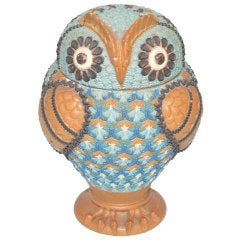 Antique Doulton Lambeth Owl Form Silicon Ware Covered Jar