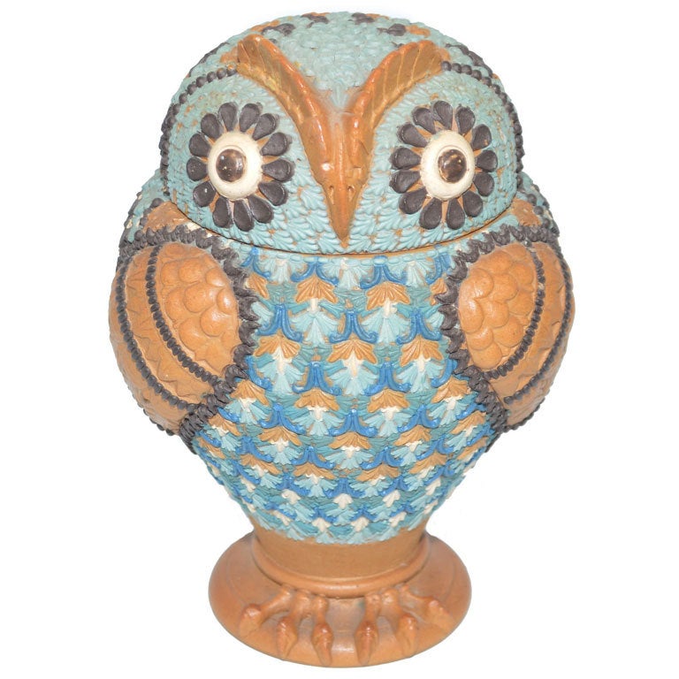 Doulton Lambeth Owl Form Silicon Ware Covered Jar For Sale