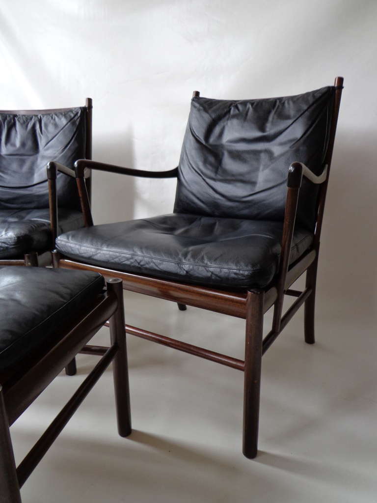 The elegant simplicity of these chairs shows Wanscher at his best. The seat is made of woven cane and its cushion of original black leather is filled with feathers. The Colonial chairs are elegant works finished to a high level of perfection. The