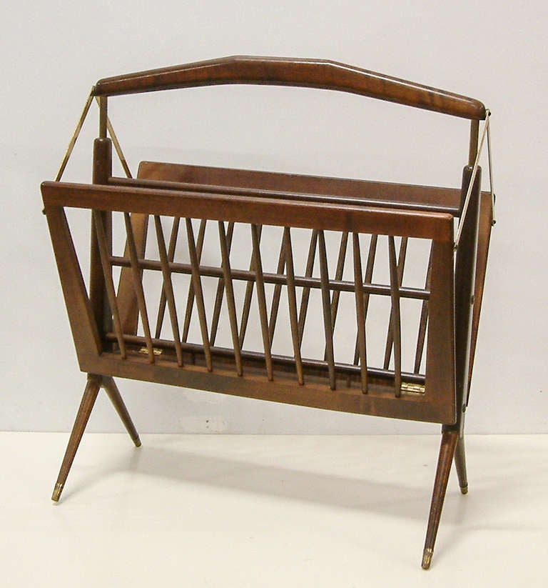 Folding Wood and Brass Italian Magazine Holder circa 1950