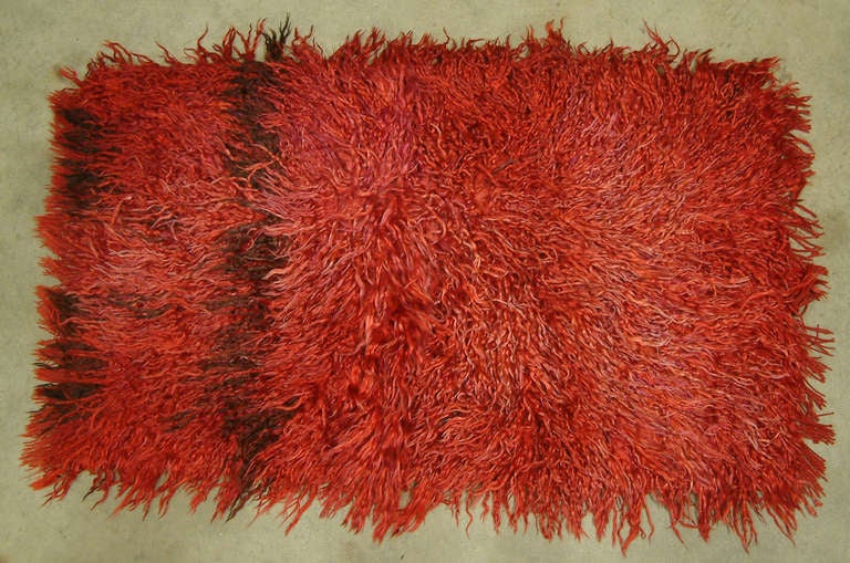 Vintage Turkish Angora Red Long Pile Tulu Rug, circa 1960