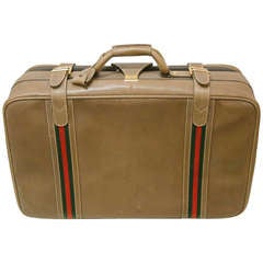 Vintage Gucci Leather and Fabric Suitcase with Brass Insignia circa 1970