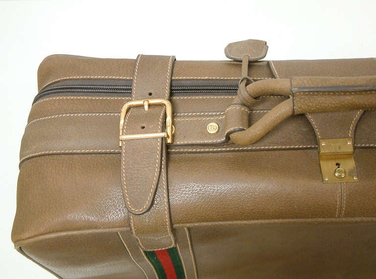 Italian Gucci Leather and Fabric Suitcase with Brass Insignia circa 1970