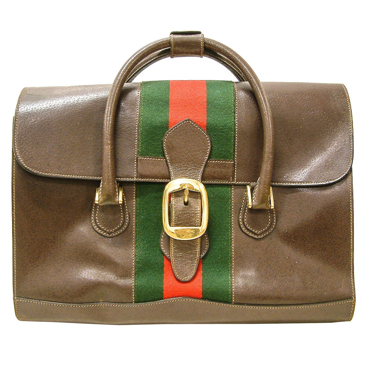 A Rare Gucci Leather, Fabric and Brass Travel Bag circa 1960 For Sale